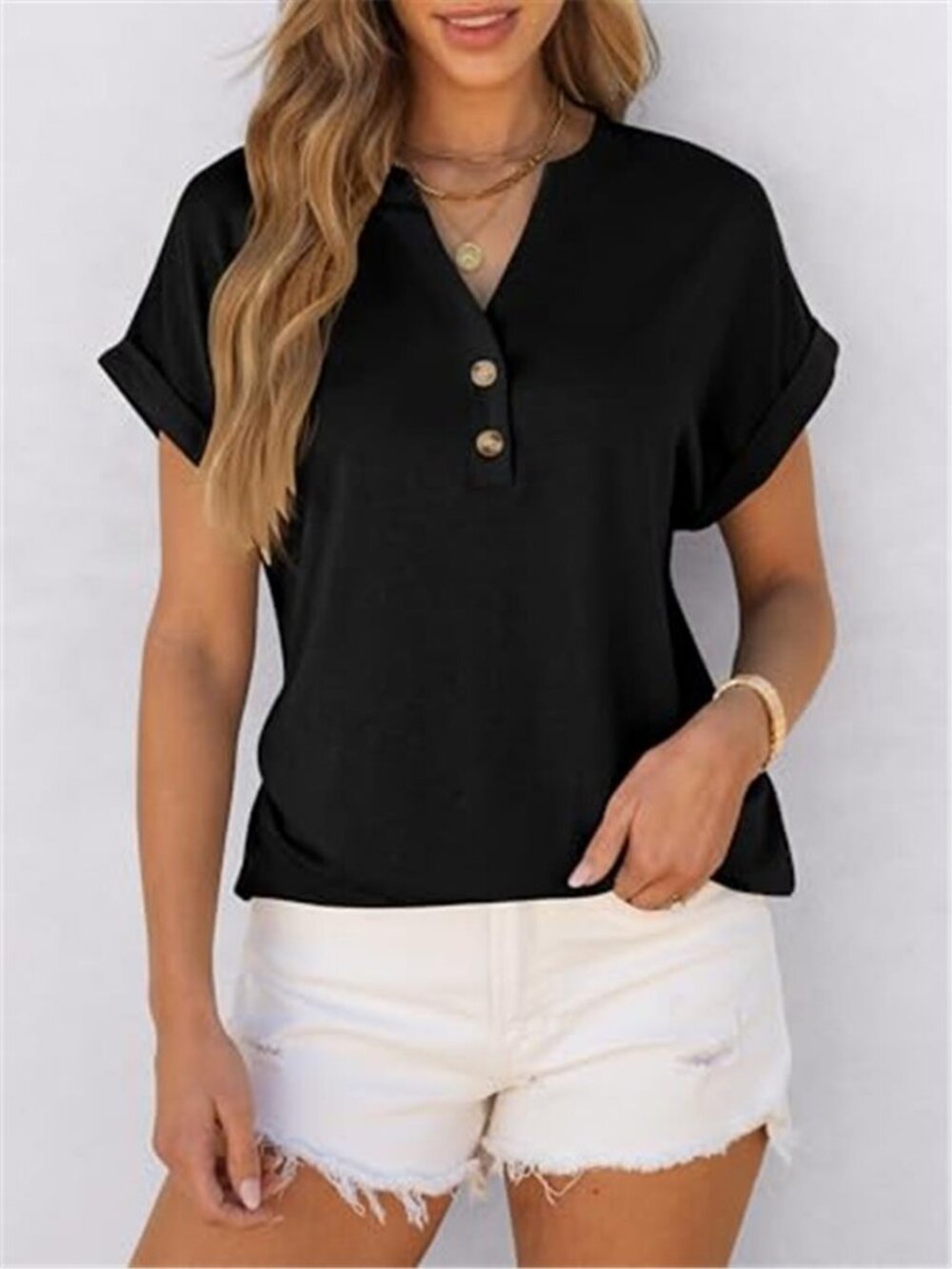 Womens Henley Top Black Short Sleeve V Neck Casual Blouse Summer Tee Shirt - Picture 3 of 6